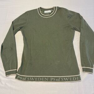 PS of Sweden Women's Long Sleeve Mock Neck Sweater Logo Sage Green Equestrian M